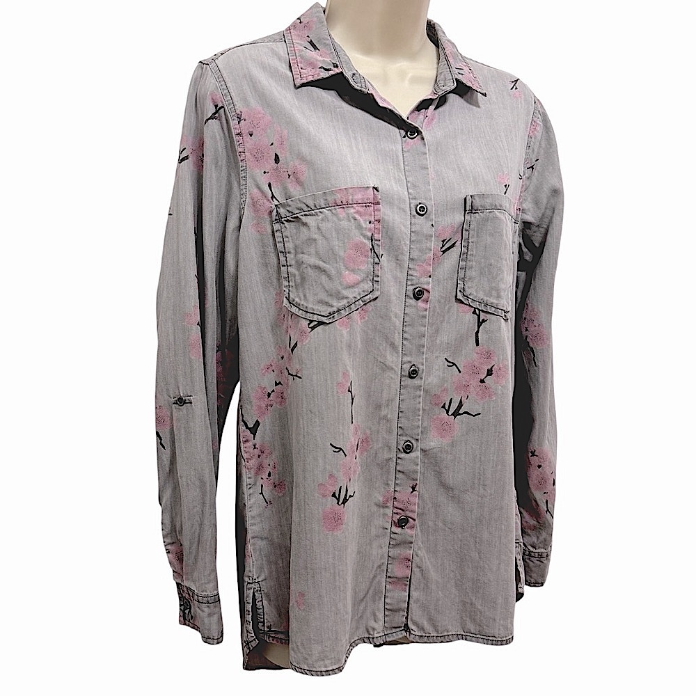 Love 8 For Versona Grey Pink Floral Lyocell High Low Button Down Boho Top S
